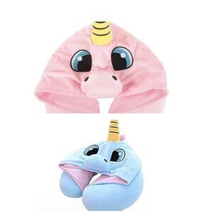 Travel Pillow Kids Set Of 2 Unicorn with Hoodie Hooded Neck Pillow Travel Sleep
